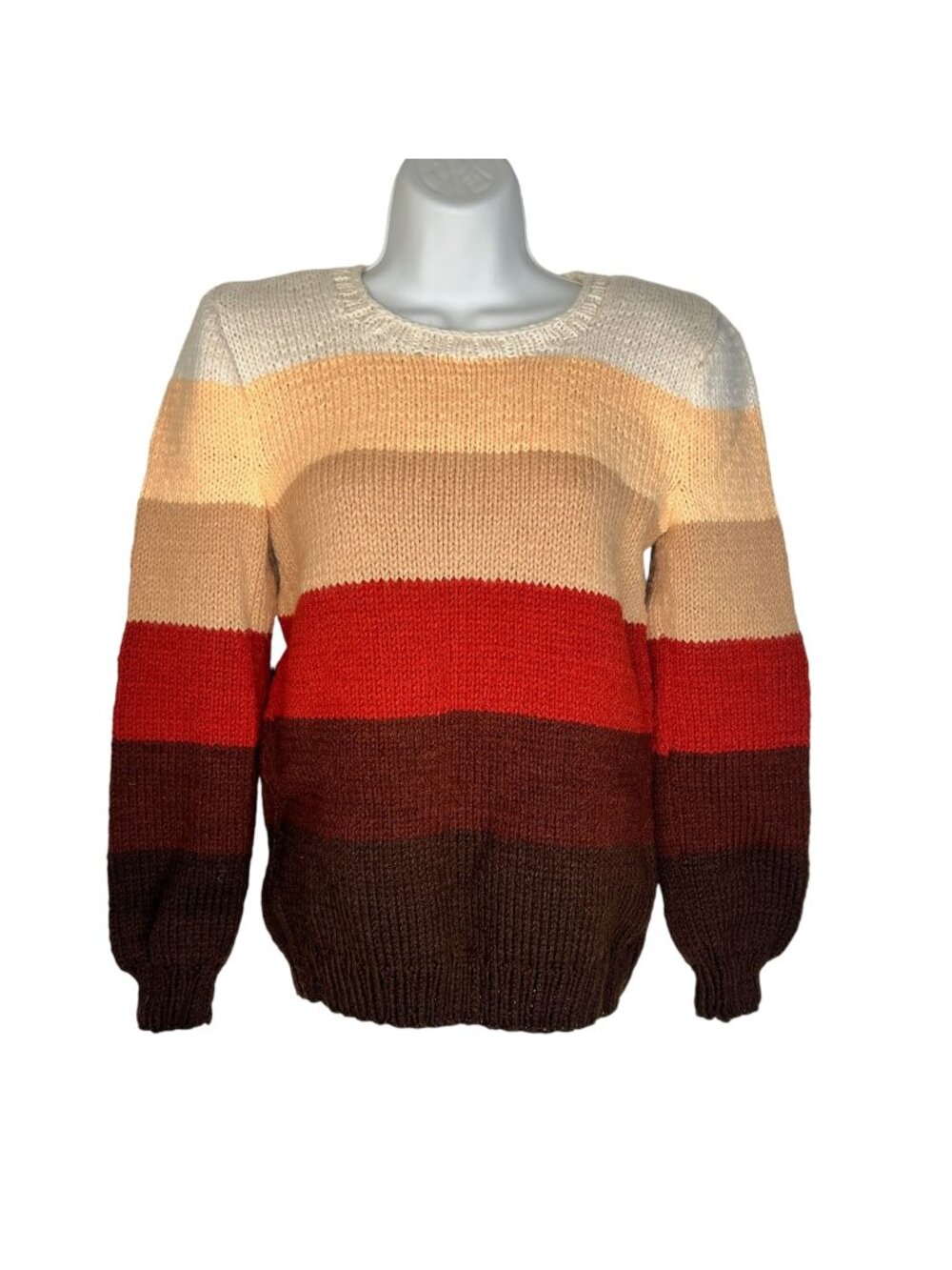 Vintage Hand Knit Sweater Striped Puff Sleeve Warm Gradient Multicolor XS/S